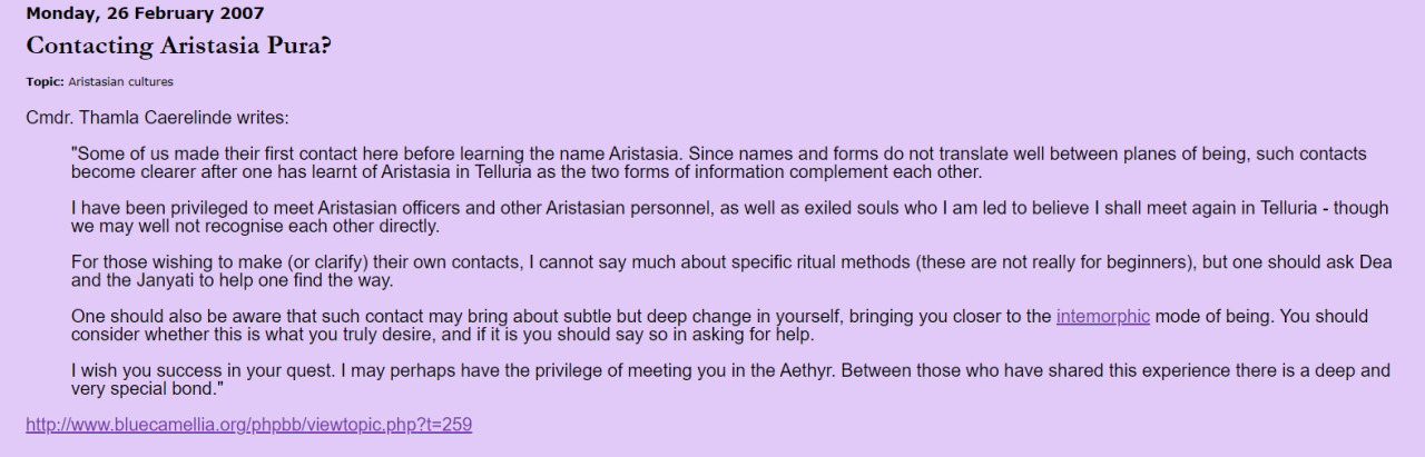 A forum post discussing the possibility of a real Aristasia Pura.