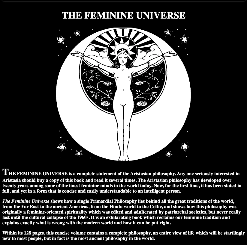 A screenshot of a page advertising The Feminine Universe, from 2002.